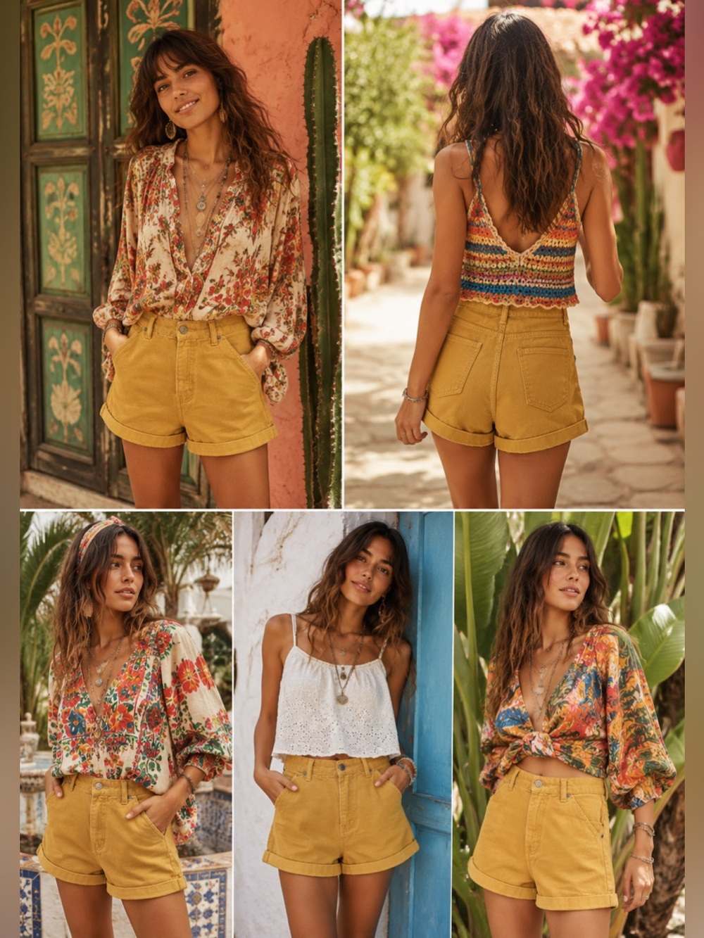 FARM Rio Mustard High-Rise Rolled-Hem Denim Shorts